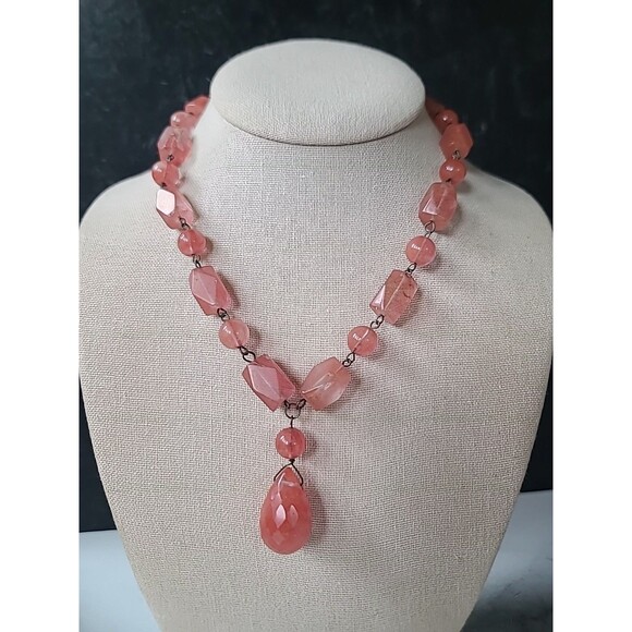 925 Sterling Silver Pink Glass Pendant Beaded Necklace Vintage - Picture 2 of 10